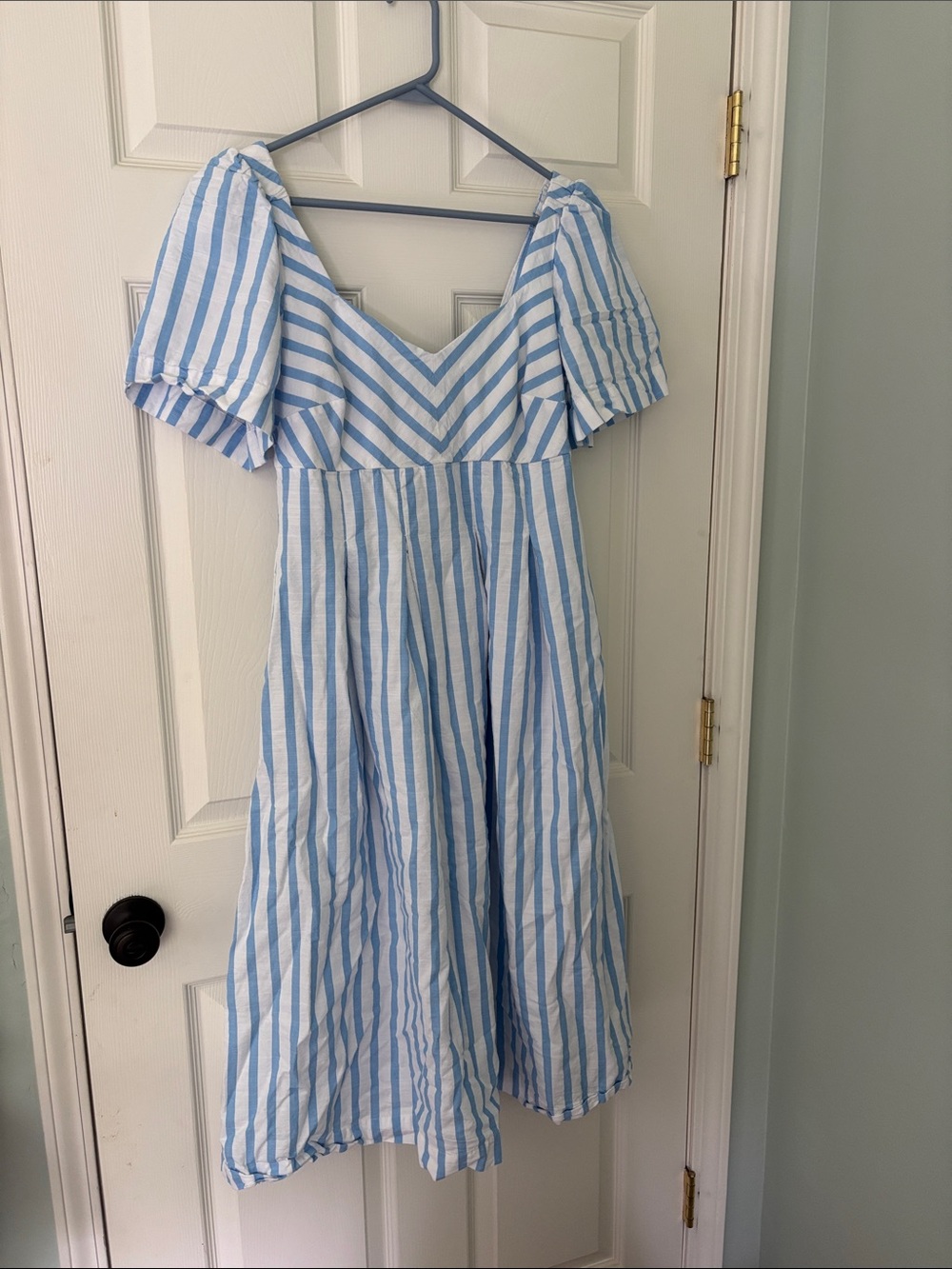 a new day Blue and White Striped Puff Sleeve Midi Dress